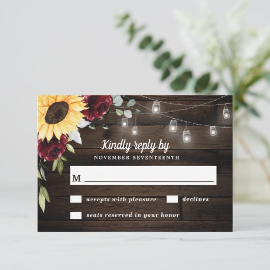Zonnebloem en bruidsroze roodroodbruin huwelijk RSVP kaartje (Staand voorkant)