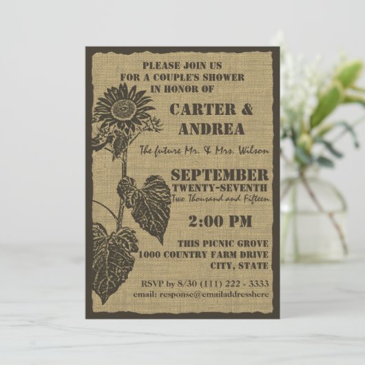 Zonnebloem en Burlap Couple's Shower Kaart (Staand voorkant)