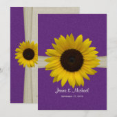 Zonnebloem en Burlap Paarse bruiloft Kaart (Voorkant / Achterkant)