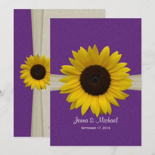 Zonnebloem en Burlap Paarse bruiloft Kaart (Voorkant / Achterkant)