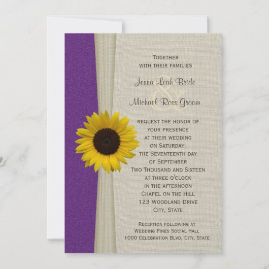 Zonnebloem en Burlap Paarse bruiloft Kaart (Achterkant)