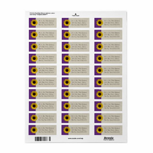 Zonnebloem en Burlap Paarse Etiket (Full Sheet)