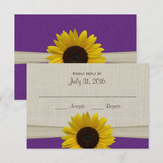 Zonnebloem en Burlap Paarse Respons Kaart (Voorkant / Achterkant)
