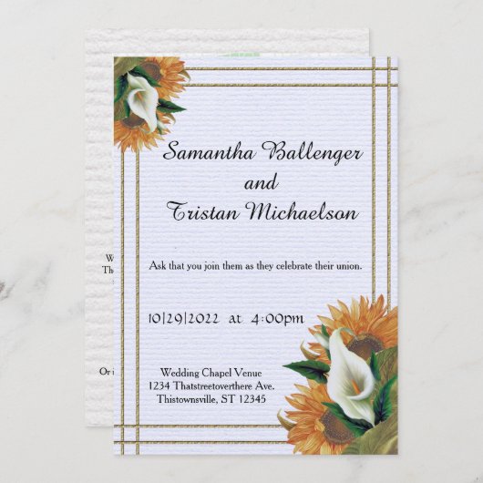 Zonnebloem en Calla Lily Summer Wedding Invitation Kaart (Voorkant / Achterkant)