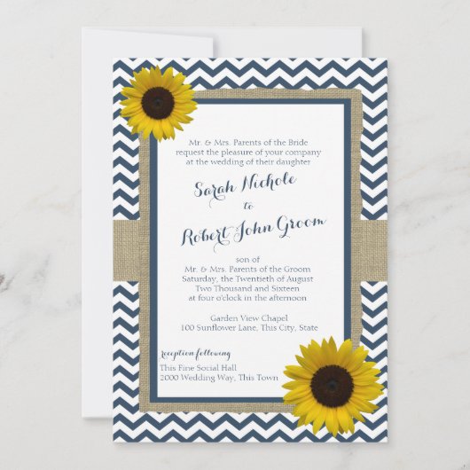 Zonnebloem en Chevron Navy Blue Rustic Wedding Kaart (Voorkant)