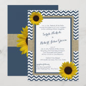 Zonnebloem en Chevron Navy Blue Rustic Wedding Kaart (Voorkant / Achterkant)