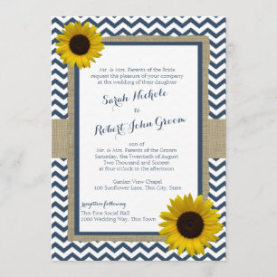 Zonnebloem en Chevron Navy Blue Rustic Wedding Kaart