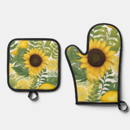 Zonnebloem en citroenen Waterverf Ovenwant & Pannenlap Set
