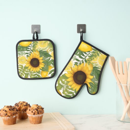 Zonnebloem en citroenen Waterverf Ovenwant & Pannenlap Set (Insitu(Ophanging))