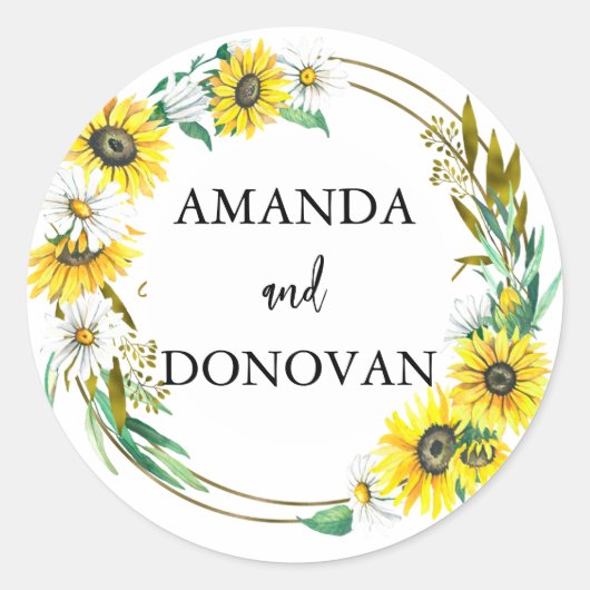 Zonnebloem en Daisies Wreath Wedding Envelope Seal Ronde Sticker (Voorkant)