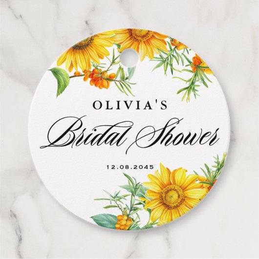 Zonnebloem en Duindoorn Bruidsfeestje Bedankjes Labels (Voorkant)