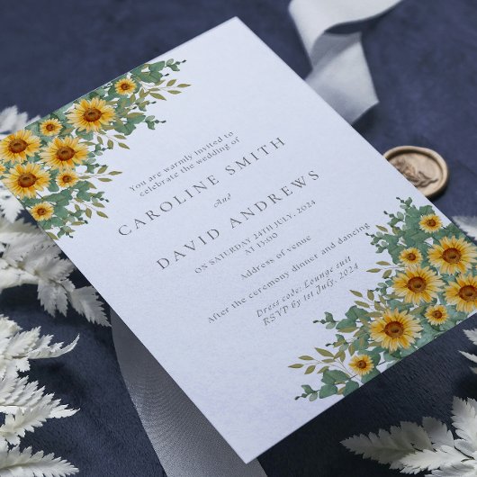 Zonnebloem en Eucalyptus Huwelijksuitnodiging Kaart