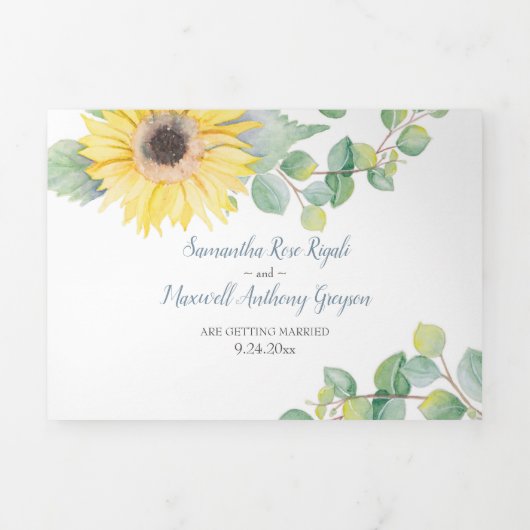 Zonnebloem en eucalyptus in één bruiloft drieluik uitnodiging (Cover)