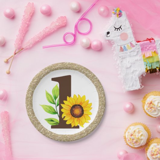Zonnebloem en goud één babymeisje, eerste verjaard papieren bordje (Feest)
