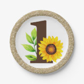 Zonnebloem en goud één babymeisje, eerste verjaard papieren bordje (Voorkant)