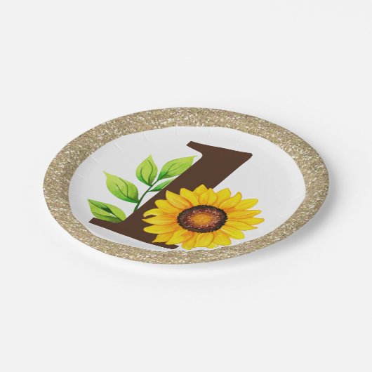 Zonnebloem en goud één babymeisje, eerste verjaard papieren bordje (Gekanteld)