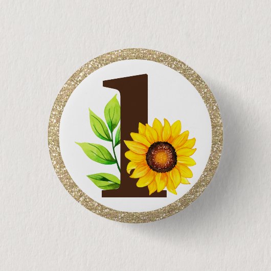 Zonnebloem en goud één babymeisje, eerste verjaard ronde button 3,2 cm (Voorkant)