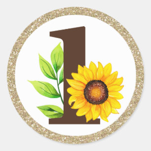 Zonnebloem en goud één babymeisje, eerste verjaard ronde sticker