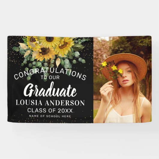 Zonnebloem en goudConfetti Afstuderen Foto Spandoek (Horizontaal)