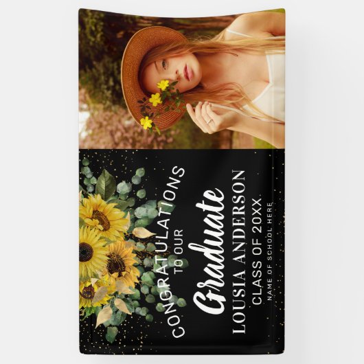 Zonnebloem en goudConfetti Afstuderen Foto Spandoek (Verticaal)