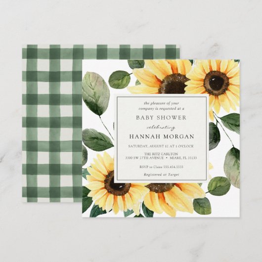 Zonnebloem en groen Baby shower Uitnodiging (Voorkant / Achterkant)