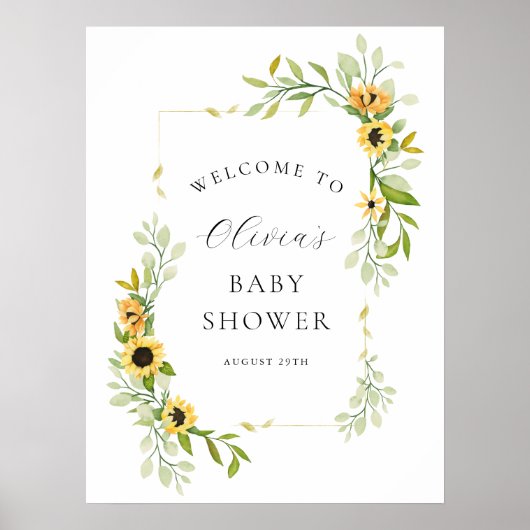 Zonnebloem en groen Baby shower Welkom Poster (Voorkant)