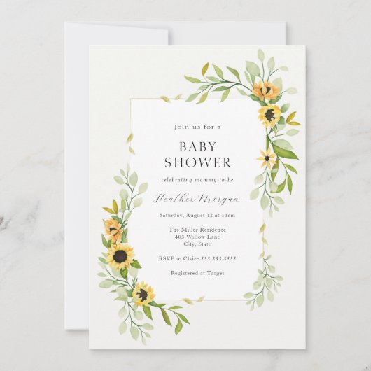 Zonnebloem en groen Lijst Baby shower Kaart (Voorkant)