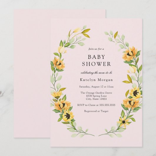 Zonnebloem en groene Baby shower Invitati Kaart (Voorkant / Achterkant)