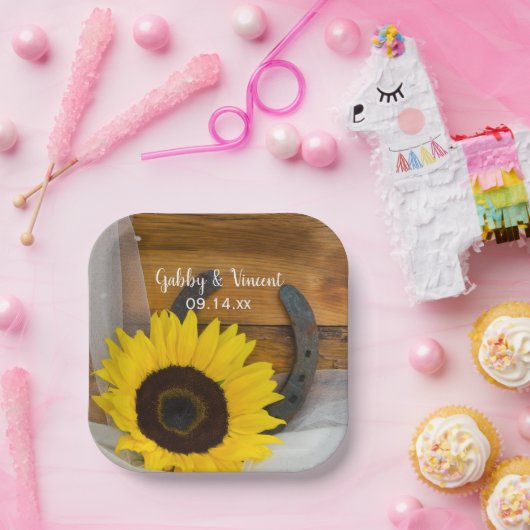 Zonnebloem en Hoefijzer Land Western huwelijk Papieren Bordje (Feest)