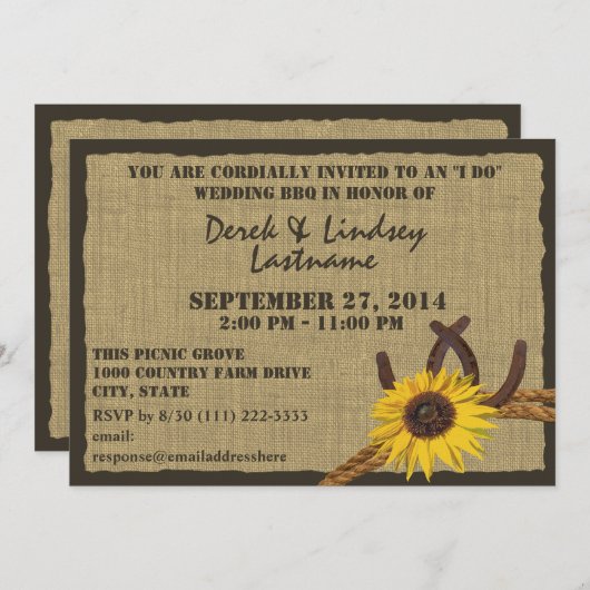 Zonnebloem en Hoefijzers BBQ Bruiloftsreceptie Kaart (Voorkant / Achterkant)