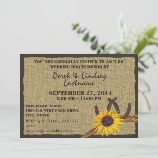 Zonnebloem en Hoefijzers BBQ Bruiloftsreceptie Kaart (Staand voorkant)