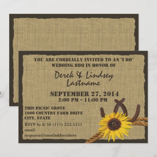 Zonnebloem en Hoefijzers BBQ Wedding Reception Kaart (Voorkant / Achterkant)