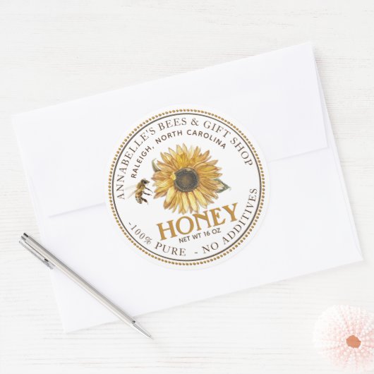 Zonnebloem en honingetiket voor bijen ronde sticker (Envelop)
