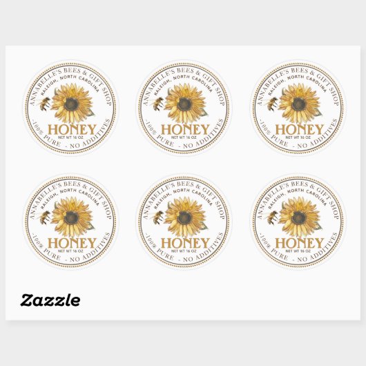 Zonnebloem en honingetiket voor bijen ronde sticker (Vel)