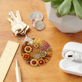 Zonnebloem en Honingraat Design Sleutelhanger