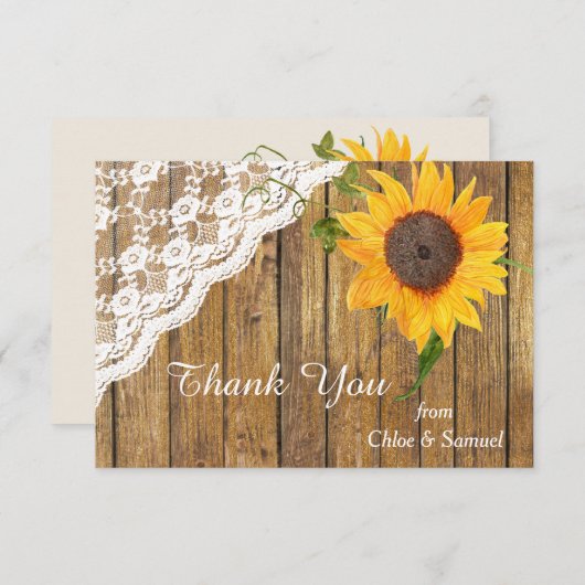 Zonnebloem en kant op het houten huwelijk Dank je Bedankkaart (Voorkant / Achterkant)