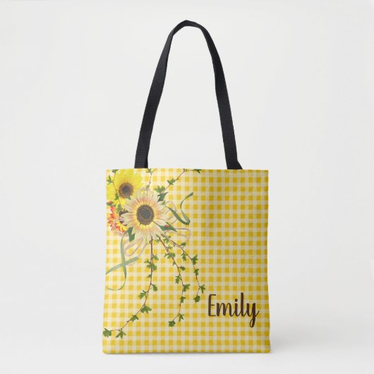 Zonnebloem en klimop boeket op gele gingham tote bag (Voorkant)