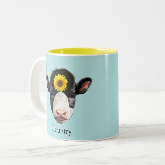 Zonnebloem en Koe Gezicht Tweekleurige Koffiemok (Voorkant links)