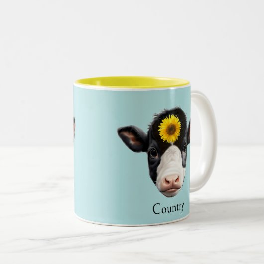 Zonnebloem en Koe Gezicht Tweekleurige Koffiemok (Voorkant rechts)
