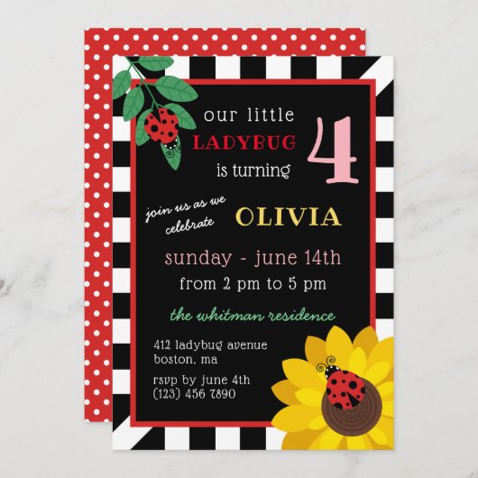 Zonnebloem en Ladybug Kinderen van Birthday Kaart (Voorkant / Achterkant)