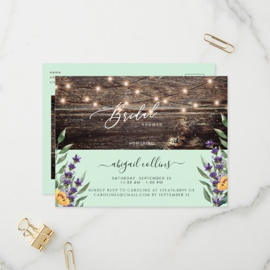 Zonnebloem en lavender Rustic Mint Bridal Uitnodiging Briefkaart (Voorkant / Achterkant in situ)