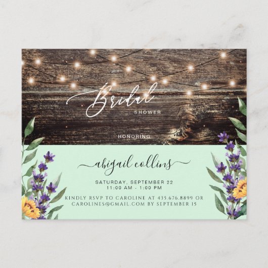 Zonnebloem en lavender Rustic Mint Bridal Uitnodiging Briefkaart (Voorkant)