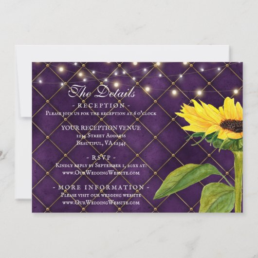 Zonnebloem en licht op Paars in één bruiloft Kaart (Achterkant)