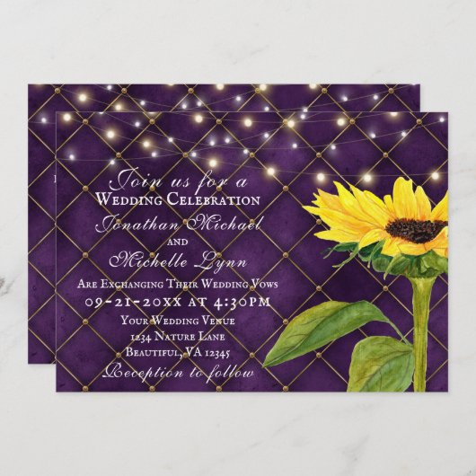 Zonnebloem en licht op Paars in één bruiloft Kaart (Voorkant / Achterkant)
