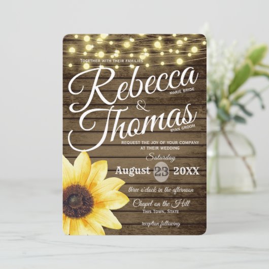 Zonnebloem en Lichten Rustieke Bruiloft Kaart (Staand voorkant)
