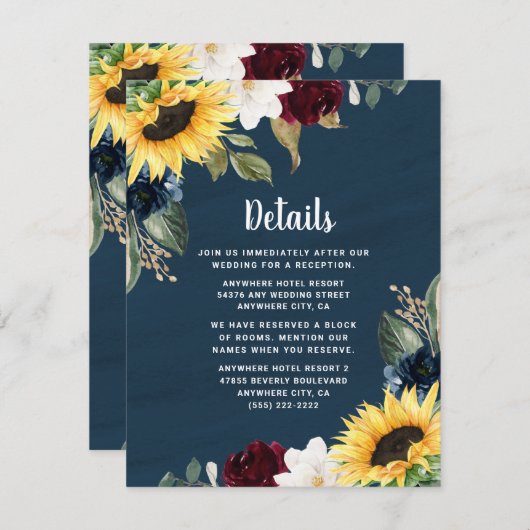 Zonnebloem en Marineblauw Aquarel Rustieke Trouwda Informatiekaartje (Voorkant / Achterkant)