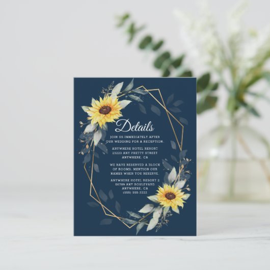 Zonnebloem en marineblauw Geometrisch Rustisch huw Informatiekaartje (Staand voorkant)