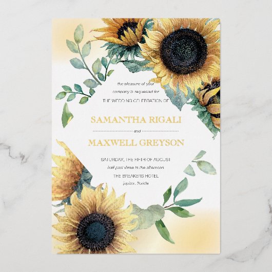 Zonnebloem en marineblauw huwelijk folie uitnodiging (Voorkant)