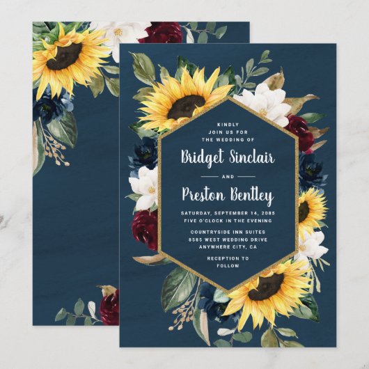 Zonnebloem en marineblauw Waterverf rustieke bruil Kaart (Voorkant / Achterkant)