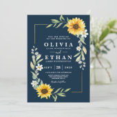Zonnebloem en marineblauwe geometrische rustieke kaart (Staand voorkant)